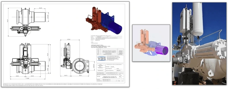 Plano CAD 3D de ingeniería mecánica y ensamble de válvula industrial por VAS.