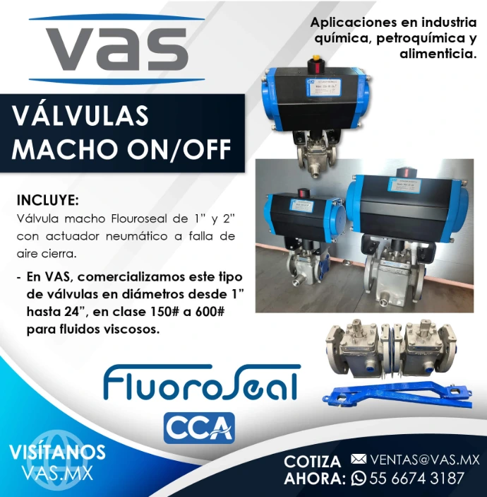 Válvulas macho ON/OFF Fluoroseal con actuadores neumáticos, ideales para manejar fluidos viscosos en la industria química