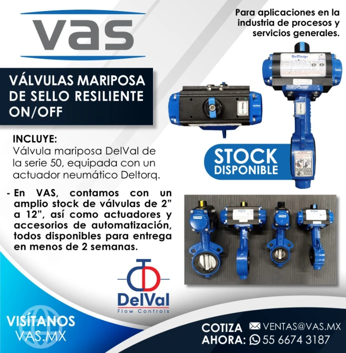 Válvulas mariposa automáticas DelVal con actuadores Deltorq listas para la industria farmacéutica y HVAC
