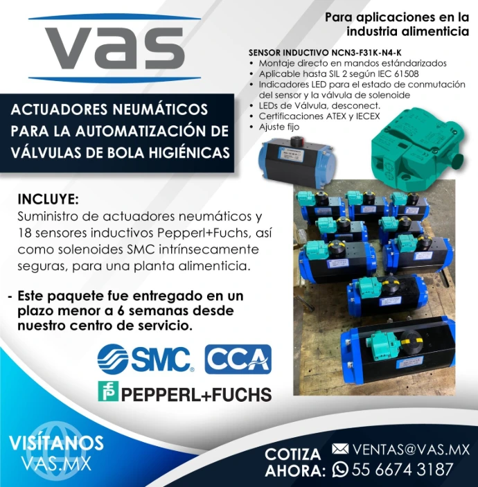 Paquete de actuadores neumáticos CCA y sensores Pepperl+Fuchs en válvulas higiénicas para la industria alimenticia