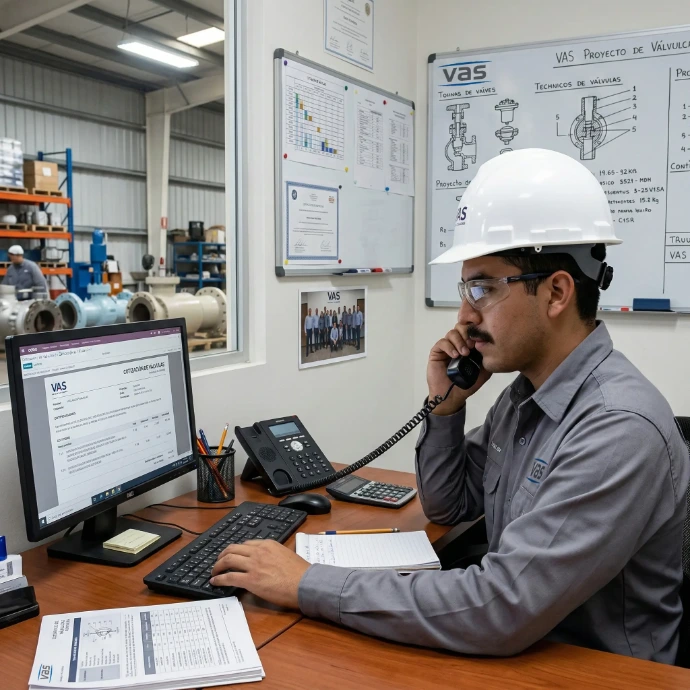 Ingeniero especialista de VAS atendiendo llamada de soporte técnico y asesoría para válvulas industriales.